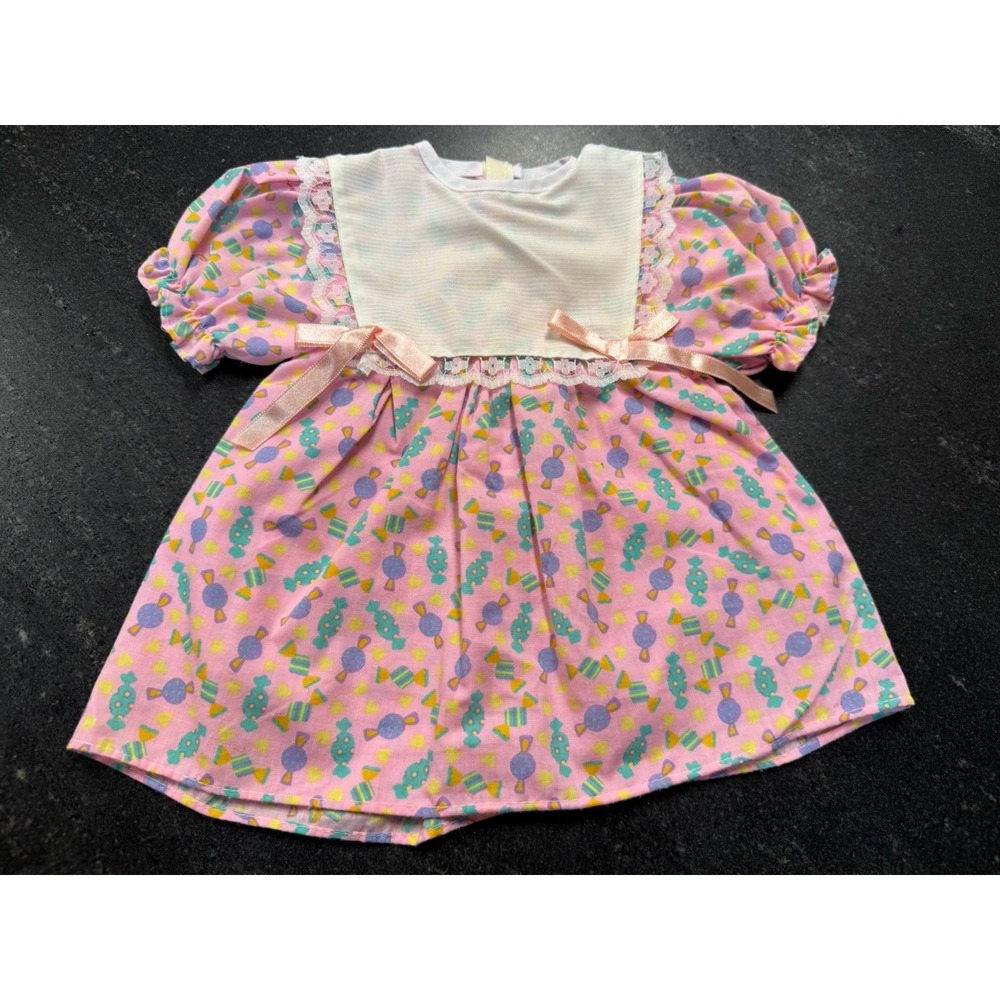 Vtg Doll Dress Pastel Candy Print Pink Lace Fits 14"-16" Cabbage Patch Baby Doll